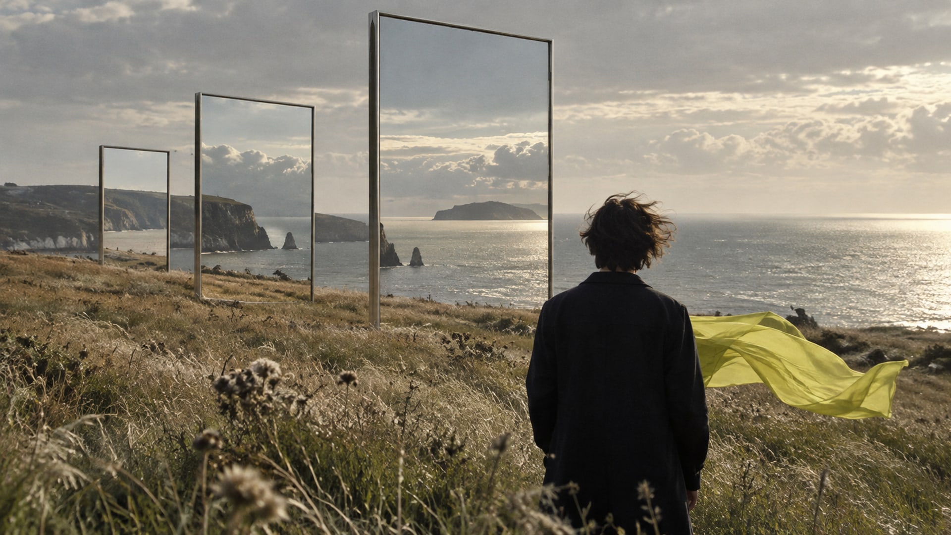 A young person stands in a windswept coastal field, looking through three offset mirrored frames toward the sea; chartreuse fabric moves in the wind.